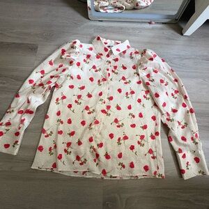 Zara Red and White Button Down Shirt with Flower print with puff sleeves